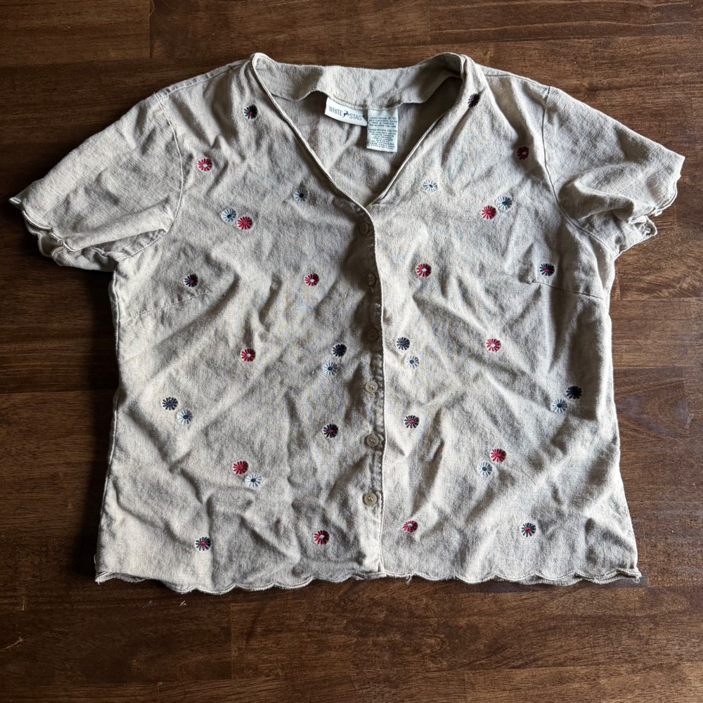 White Stag Womens Linen Blend Embroidered Short Sleeve Top Khaki Tan Medium 8/10